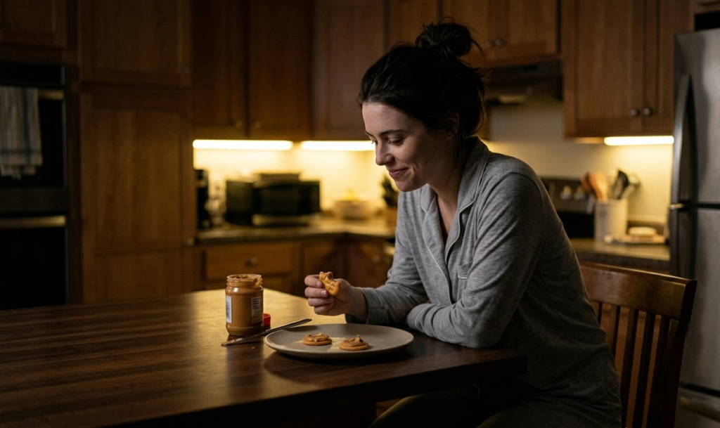 person eating a small snack in dark kitchen before bed to prevent waking up at 3am liver blood sugar drop