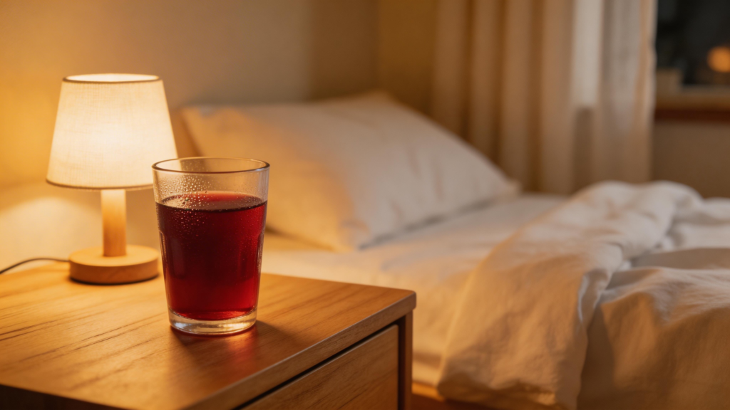 glass of tart cherry juice on bedside table at night for sleep