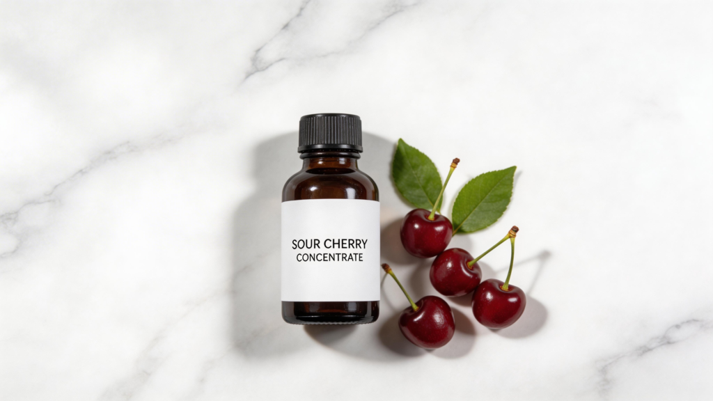 Montmorency tart cherry concentrate bottle with fresh cherries