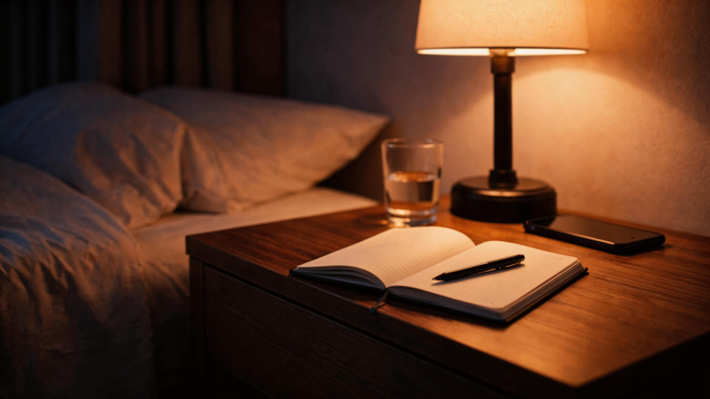 notebook on nightstand next to dim lamp at night