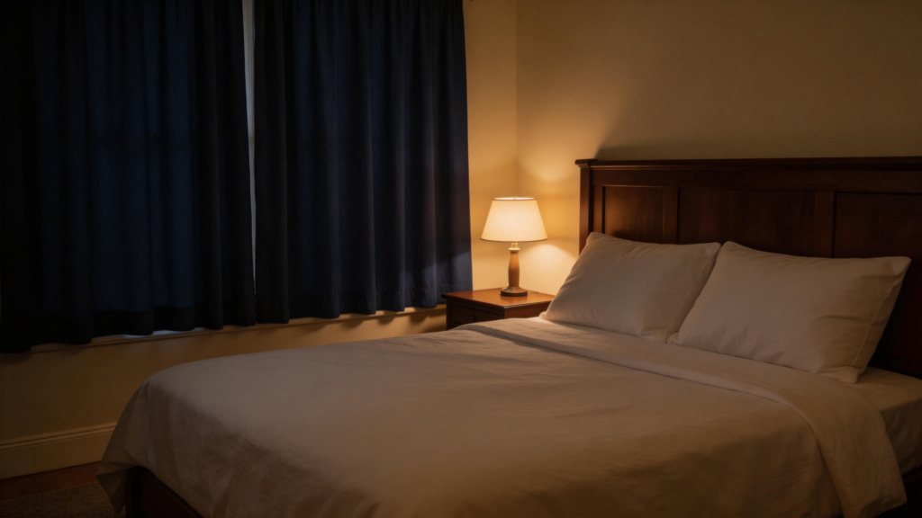 dark quiet bedroom with blackout curtains and white sheets prepared for sleep