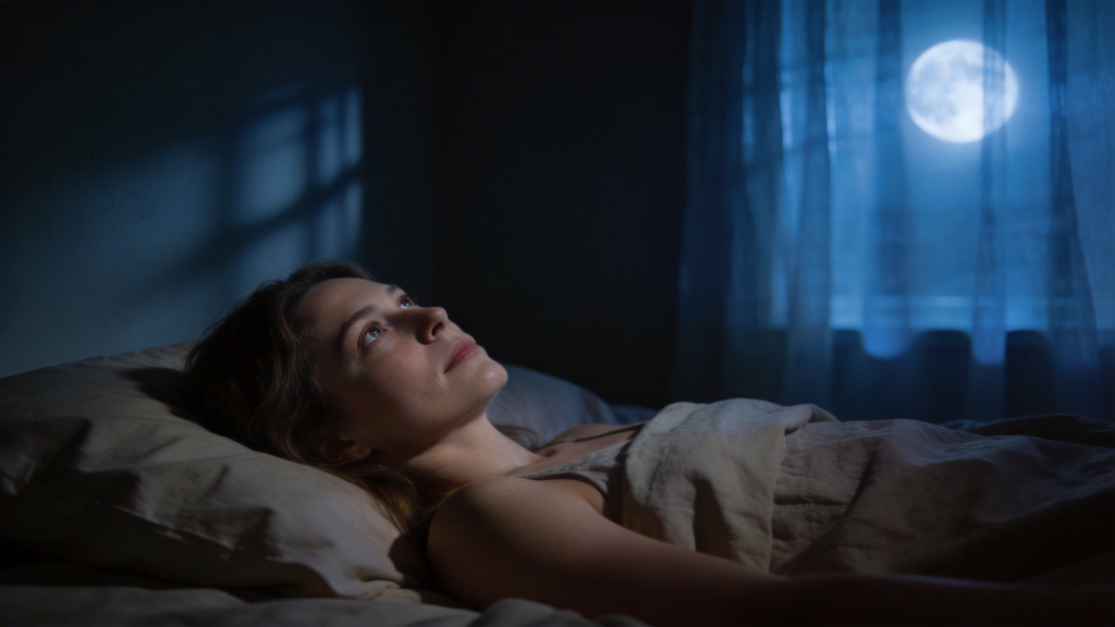 waking up at 3am spiritual meaning — woman lying awake in dark bedroom with moonlight