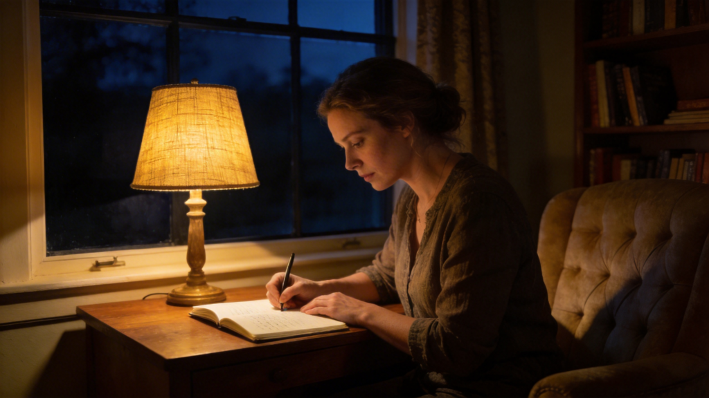 woman writing in journal by window late at night with warm lamp light