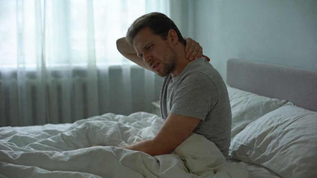 person waking up with neck pain reaching for their neck in bed in the morning