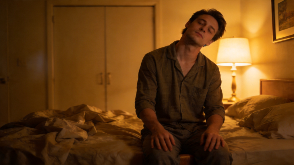 person doing a gentle neck stretch before bed, tilting head toward shoulder in a dimly lit bedroom