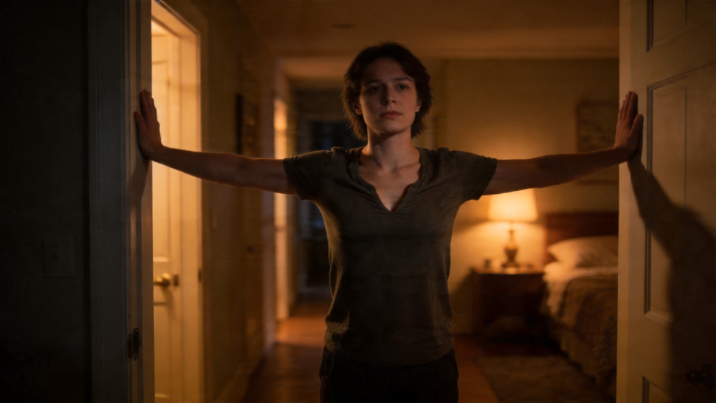 person doing a doorframe chest stretch before bed to relieve shoulder tension from sitting at a desk all day