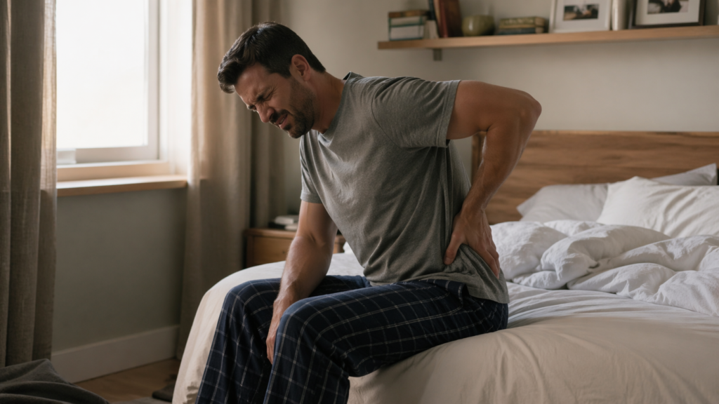 person sitting on the edge of their bed in the morning holding their lower back in pain after waking up
