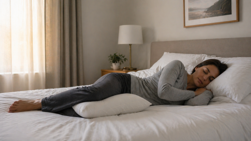 side sleeper with a pillow between their knees to keep hips aligned and relieve lower back pain during sleep