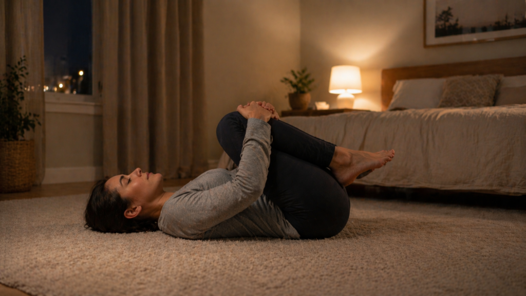 person doing a knees-to-chest lower back stretch on the floor before bed to relieve tension from sitting all day