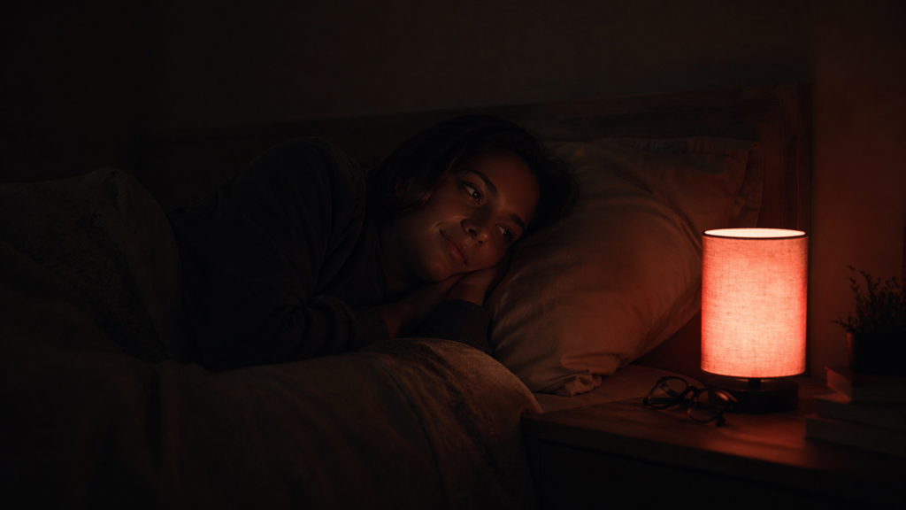 does red light help you sleep — warm red bedside lamp glowing softly in a dark bedroom at night