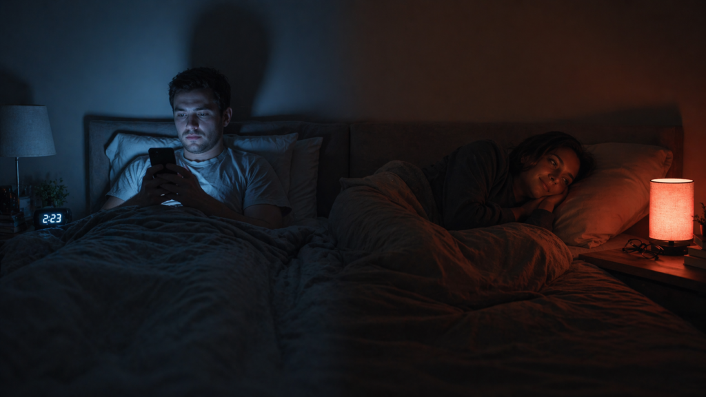 comparison of cool blue white overhead light versus warm red dim bedside lamp showing different effects on sleep environment