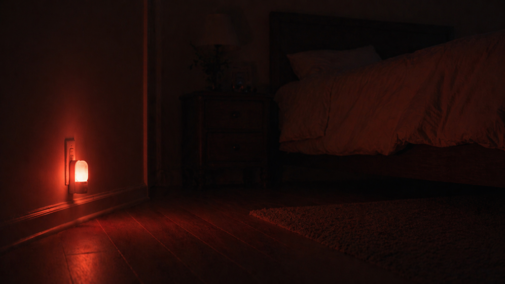 dim red night light glowing softly in a dark bedroom showing ideal low-light sleep environment