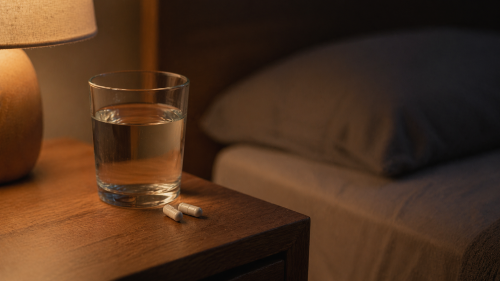 magnesium capsules on a nightstand before bed