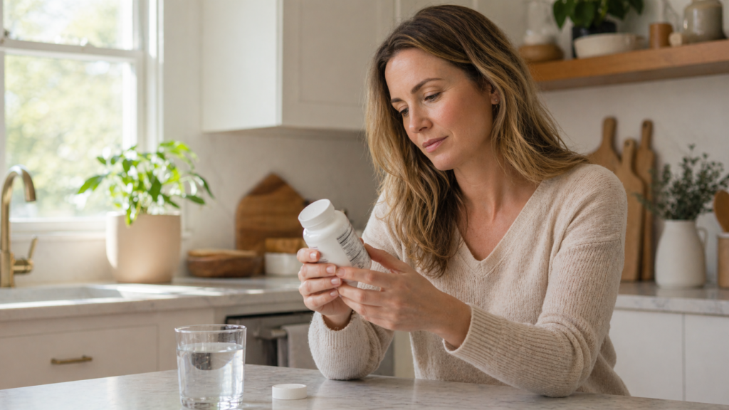 woman checking magnesium supplement label