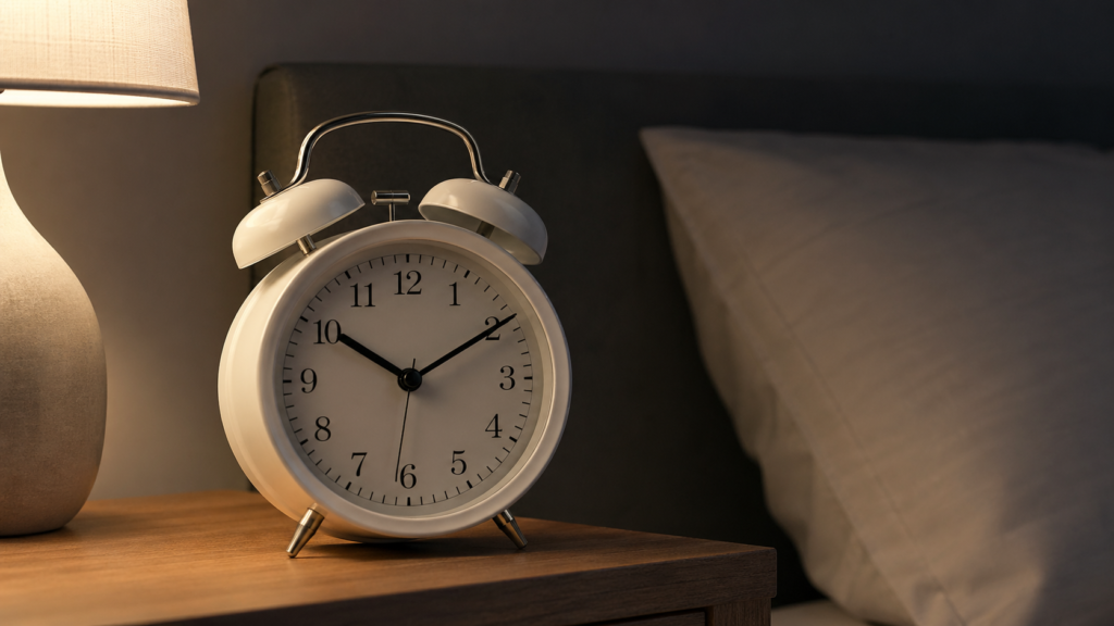 alarm clock on nightstand representing sleep timing for rem sleep