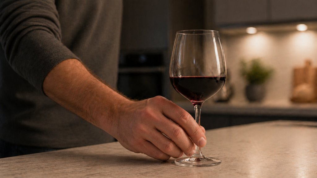 setting down a glass of wine representing alcohol and rem sleep