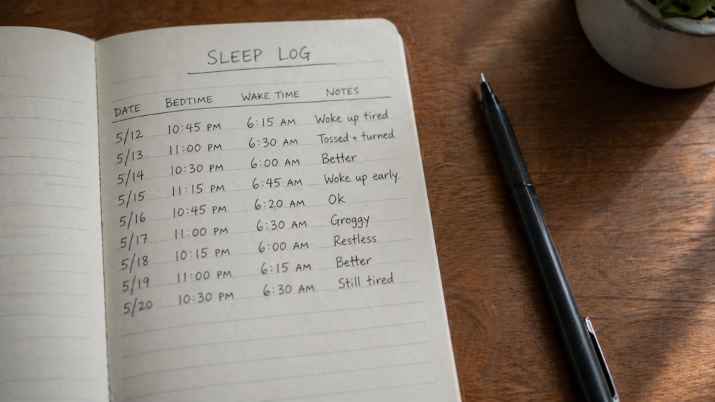 handwritten sleep log notebook for tracking sleep debt calculator