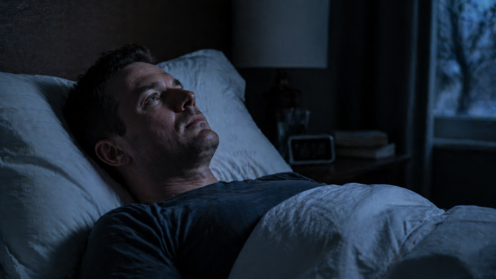 man lying awake at night accumulating sleep debt from chronic sleep deprivation