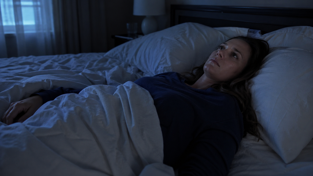 A Caucasian woman lying awake in a dark bedroom, eyes open staring at the ceiling, white bedding slightly tangled, faint blue light from window, frustrated expression, no Asian elements. Photorealistic.