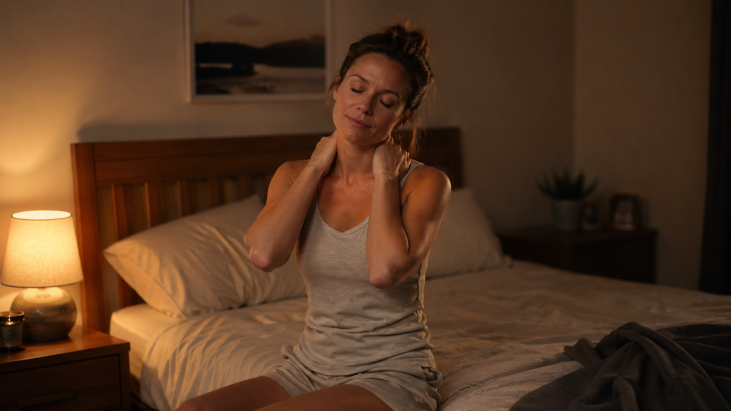 massage for anxiety and sleep — woman doing self-massage on neck and shoulders before bed