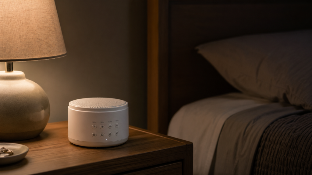 white noise machines for sleep on a nightstand in a dark bedroom