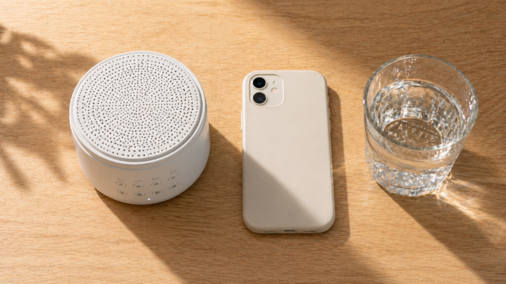 white noise machine vs phone app for sleep — dedicated device on nightstand
