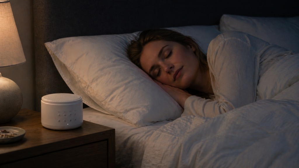 woman sleeping peacefully with white noise machine for sleep