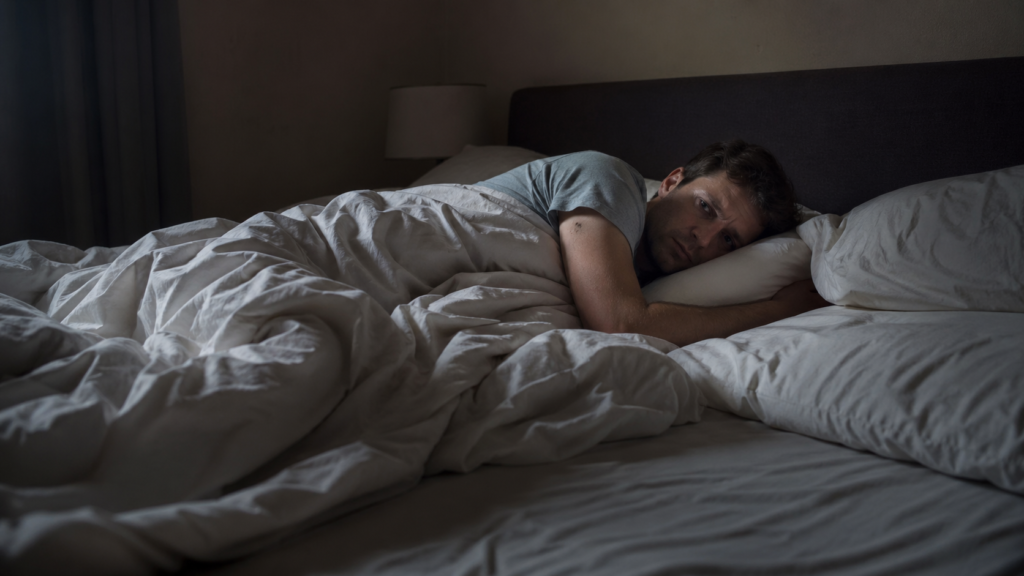 restless sleep — person tossing and turning in tangled bedding at night