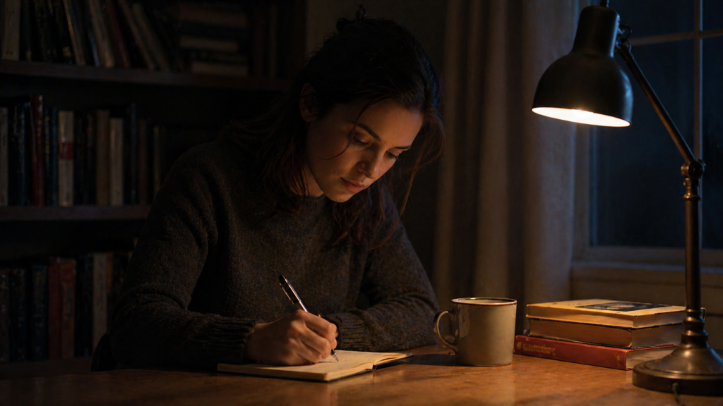 woman writing in sleep journal at night to reduce restless sleep from stress