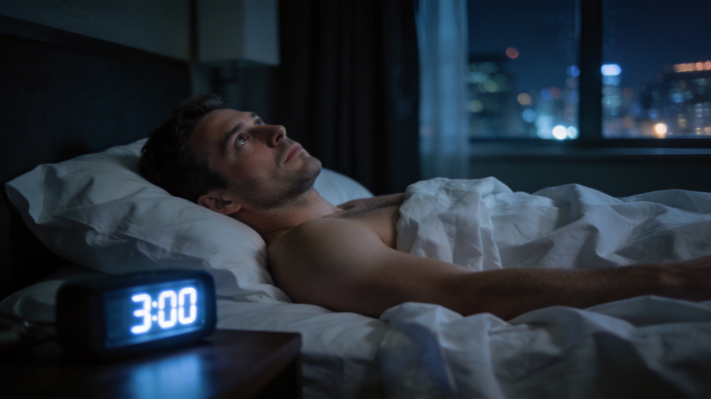 man lying awake in hotel room with jet lag waking up at 3am