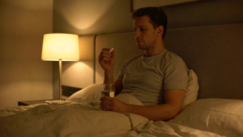 man taking low dose melatonin at bedtime to help with jet lag sleep