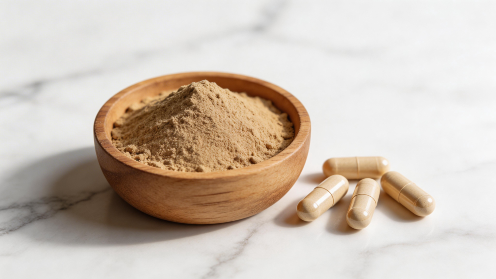 ashwagandha for sleep — root powder in wooden bowl with supplement capsules