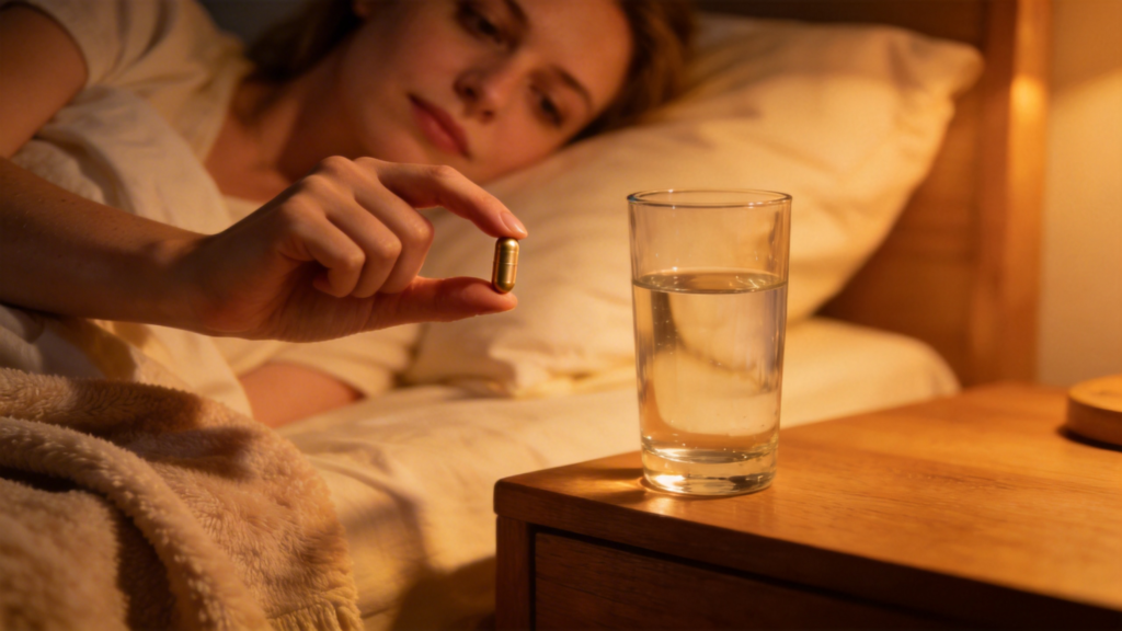 Person taking an ashwagandha supplement capsule before bed in a softly lit bedroom