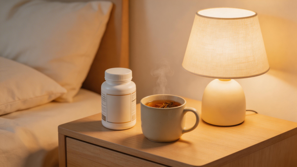 Supplement bottle and herbal tea on a bedroom nightstand with warm lamp light