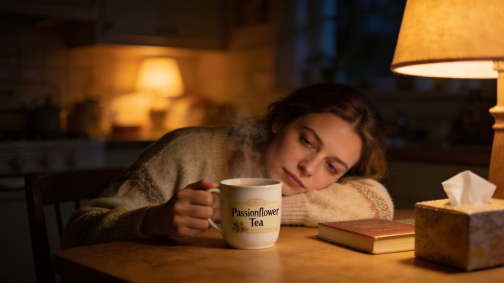 passionflower for sleep — woman drinking tea before bed