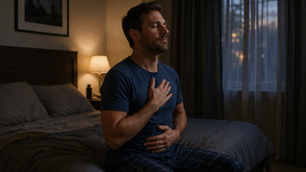 man practicing deep breathing before sleep to calm anxiety