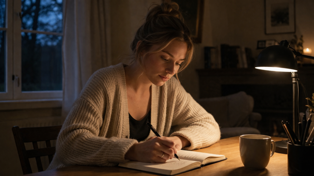 woman writing in a journal before bed to ease anxiety and sleep better