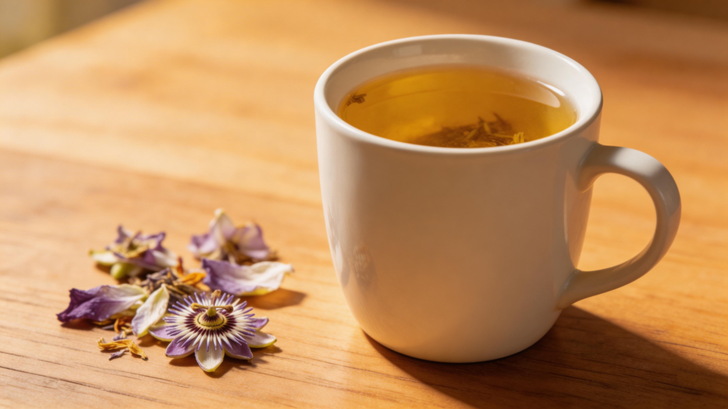 passionflower tea for sleep on wooden table