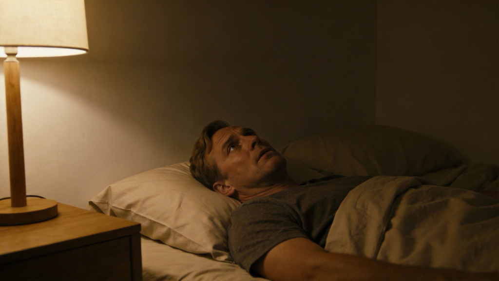 man lying awake with racing thoughts at night