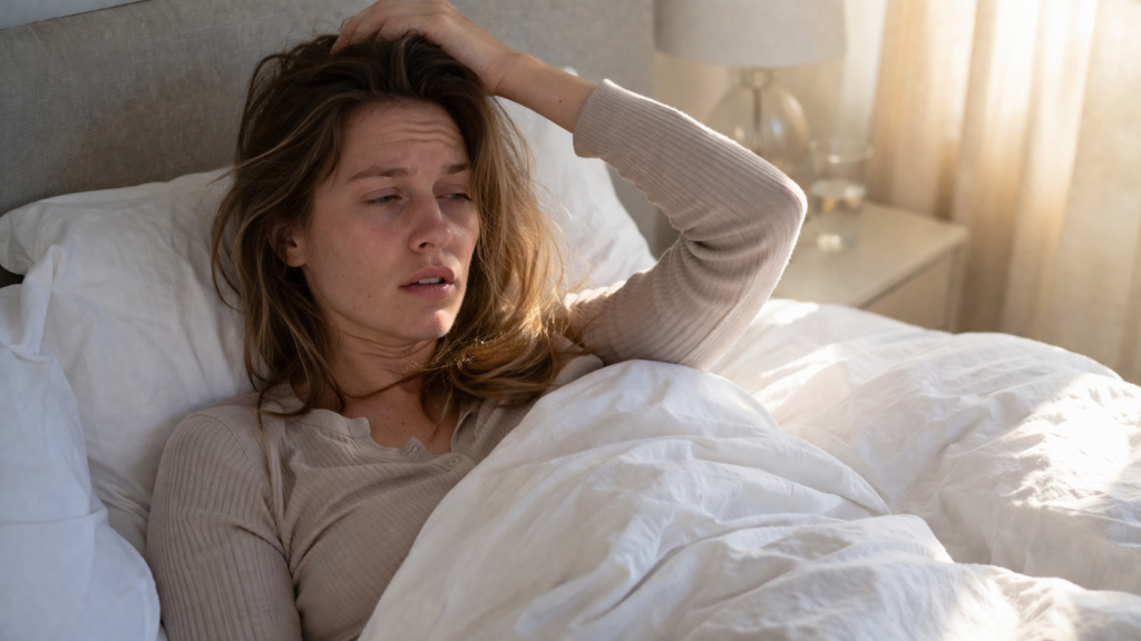 woman waking up groggy after oversleeping