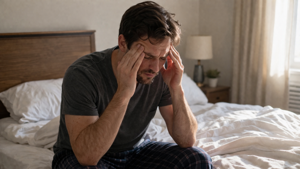 man with headache after sleeping too long