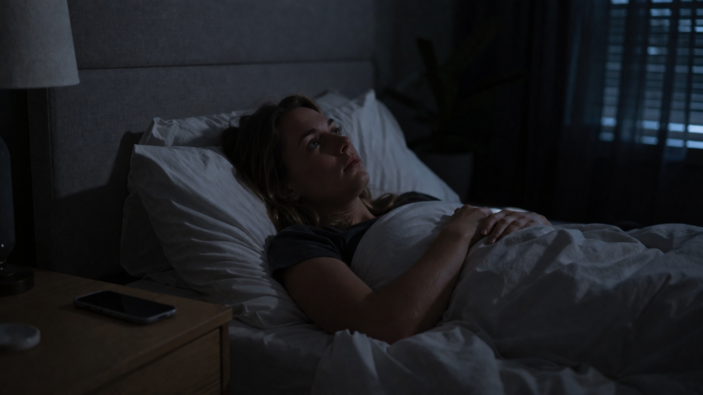 woman lying awake in dark bedroom unable to sleep due to accumulated sleep debt
