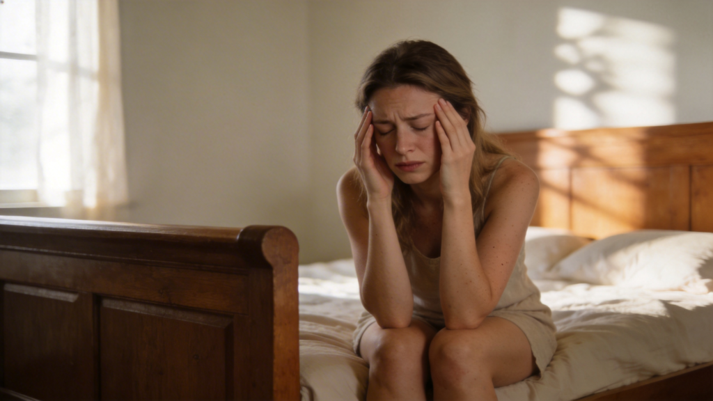 woman waking up tired with a headache sitting on edge of bed in the morning