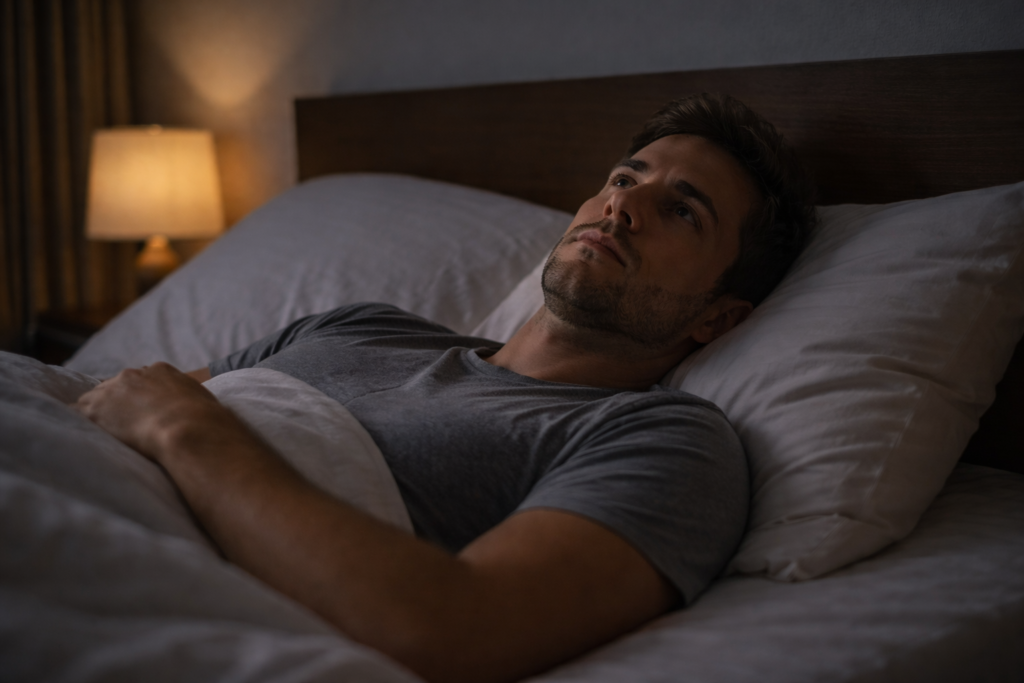 man lying awake in bed unable to sleep, exhausted and restless
