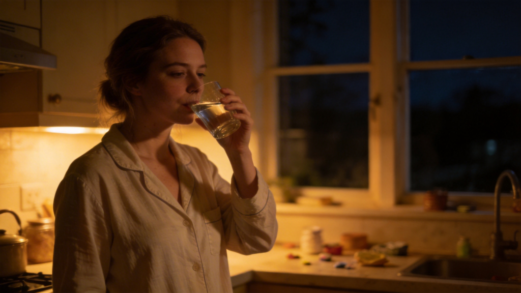 woman drinking a glass of water before bed to prevent morning headaches
