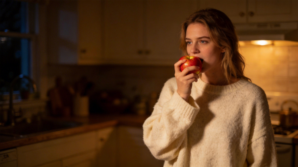 woman eating an apple before bed in kitchen at night