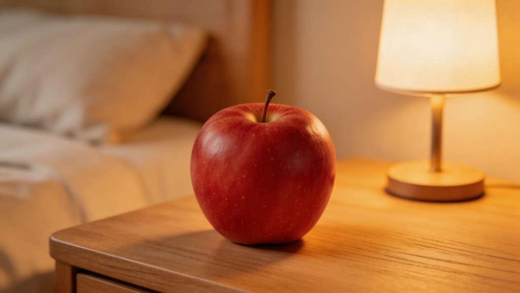 red apple on nightstand before bed sleep