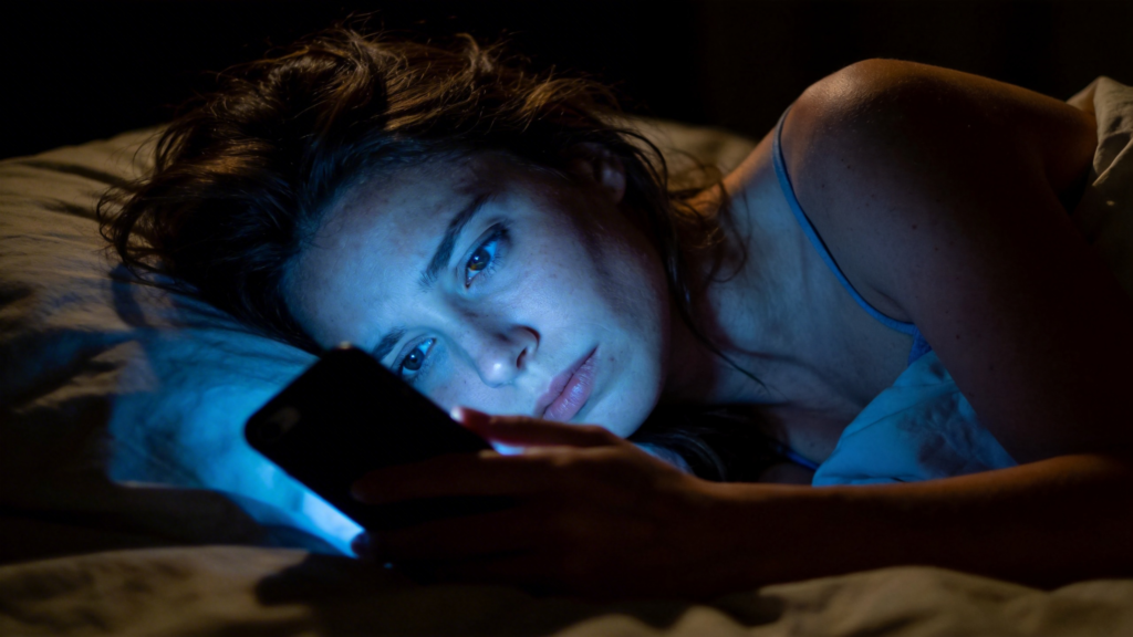 screen time before bed woman using phone in dark bedroom