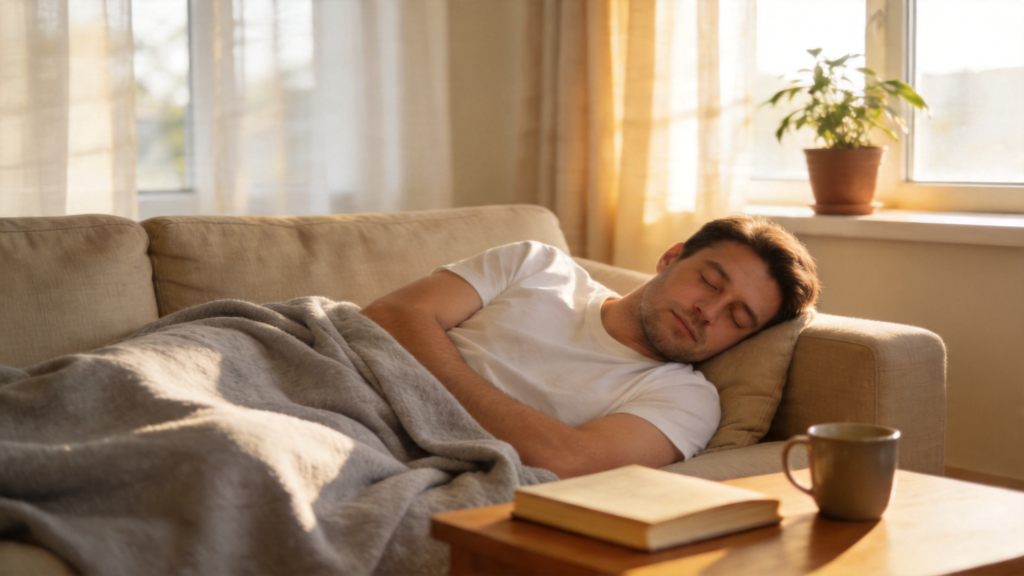 power nap benefits man napping on couch in afternoon