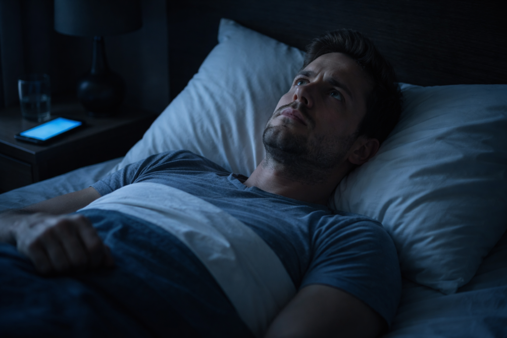 man lying awake at night from disrupted circadian rhythm